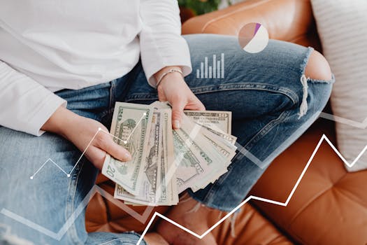 Person with dollars in hand, sitting, financial graphics overlay showing growth.